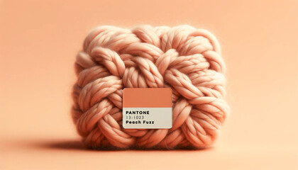 Pantone 2024 Peach Fuzz, color of the year header, Chunky Knit Wool Texture in Peach Color - obrazy, fototapety, plakaty