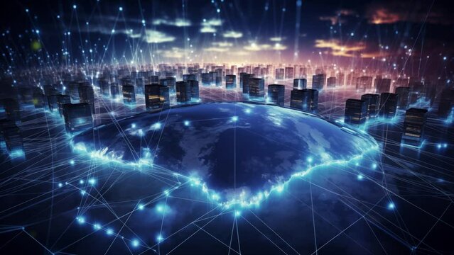 A conceptual representation of technology through 3D rendering. It visualizes digital data transfer and communication, emphasizing the idea of software-defined networking in IT infrastructure. 