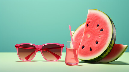 Watermelon slice, juice drink and sunglasses background with copy space