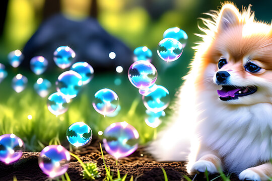 Draw a picture of a Pomeranian playing on the lawn. Generative AI