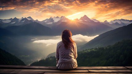 Back view of hipster girl sitting, with background of beautiful mountains scene