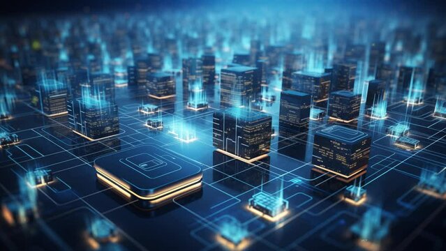 A conceptual representation of technology through 3D rendering. It visualizes digital data transfer and communication, emphasizing the idea of software-defined networking in IT infrastructure. 