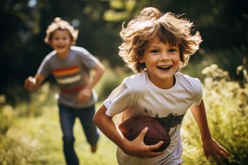 Joyful Children Playing Football in Sunlit Garden
