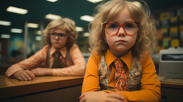 1070s kids - retro vintage style - low angle shot - close-up - serious expression - quirky and eccentric charm 