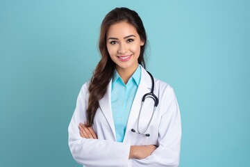 photo smiling doctor with strethoscope isolated, one color background with generative ai