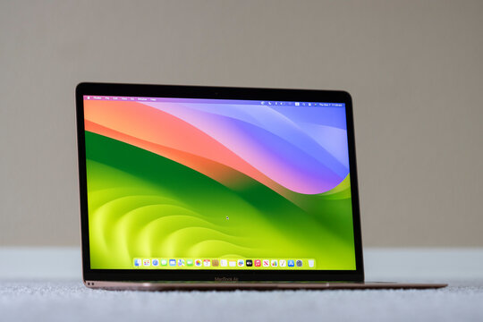 Portland, OR, USA - Dec 7, 2023: Closeup of MacBook Air laptop computer running on macOS Sonoma.