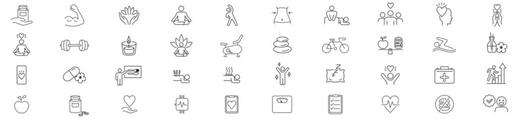 Wellness, Gym, Relaxation, Healthy Lifestyle, Exercise, Yoga, Spa, Diet, Fitness, Diet, Wellbeing, editable line icons set collection. - obrazy, fototapety, plakaty