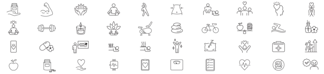 Foto op Canvas Wellness, Gym, Relaxation, Healthy Lifestyle, Exercise, Yoga, Spa, Diet, Fitness, Diet, Wellbeing, editable line icons set collection. © yukipon00