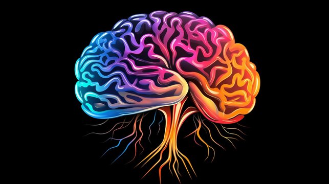 Colorful brain illustration, Human brain in abstract style on black background. 3D illustration, Generate AI.