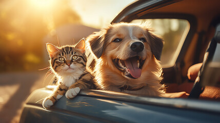 Cat and dog seating in the car looking out of the window Generative AI