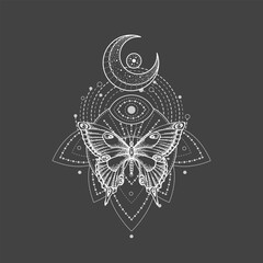 Vector illustration with hand drawn butterfly and Sacred symbol on black background. Abstract mystic sign. White linear shape. 