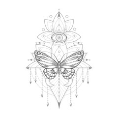 Vector illustration with hand drawn butterfly and Sacred geometric symbol on white background. Abstract mystic sign. Black linear shape. For you design, tattoo or magic craft.