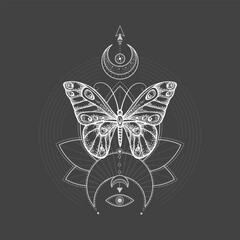 Vector illustration with hand drawn butterfly and Sacred geometric symbol on black background. Abstract mystic sign. White linear shape. 