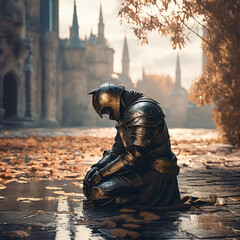 A knight on his knees in regret and sadness
후회와슬픔에무릎꿇은기사 Generative AI - obrazy, fototapety, plakaty
