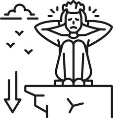Human acrophobia phobia icon, mental health. Fear of heights problem, Psychological problem or mental disorder line vector symbol, icon or sign with scared man sitting on edge of cliff - obrazy, fototapety, plakaty