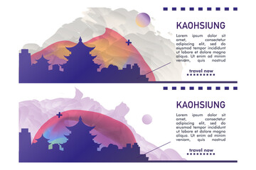 Kaohsiung city banner pack with abstract shapes of skyline, cityscape, landmark. Taiwan travel vector horizontal illustration layout set for brochure, website, page, presentation, header, footer
