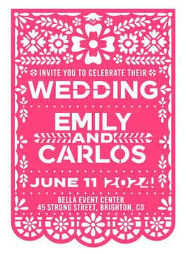 Wedding marriage invitation with mexican papel picado paper cut banner. Vector template of wedding card or marriage anniversary party invite flyer with papercut floral pattern, flowers and leaves