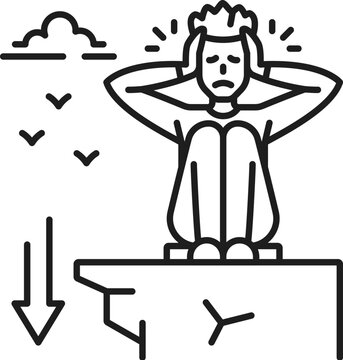 Human acrophobia phobia icon, mental health. Fear of heights problem, Psychological problem or mental disorder line vector symbol, icon or sign with scared man sitting on edge of cliff