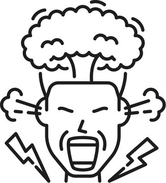 Hysteria. Psychological disorder problem, mental health icon. Cognitive disorder or human mental health line vector sign with screaming man exploding head and vapor steaming from ears, lighting bolts