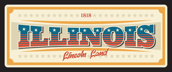Illinois United States retro travel plate, antique signboard with typography plaque of Springfield. Vector Lincoln land vintage vector banner, signs for tourist destination, tin number - obrazy, fototapety, plakaty