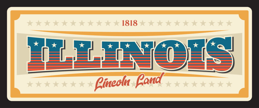 Illinois United States retro travel plate, antique signboard with typography plaque of Springfield. Vector Lincoln land vintage vector banner, signs for tourist destination, tin number