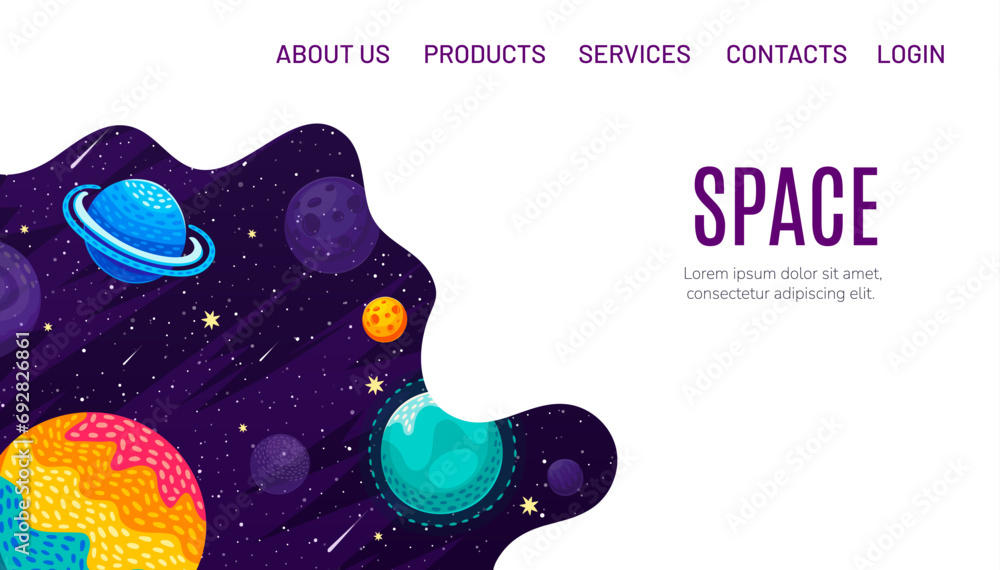 Poster galaxy space landing page with cartoon space landscape, planets and stars, vector website background