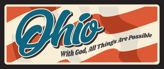 Fotobehang Ohio US state retro travel plate, touristic landmark plaque. With gold old things are possible, vintage vector banner. Sign for travel destination. Retro board, postcard, signboard Columbus capital © Vector Tradition