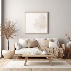 Modern interior design sofa in living room with mock up poster frame in wall at home, Neutral living room, empty nobody, 3D render.photo