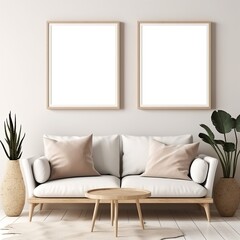 Modern interior design sofa in living room with mock up poster frame in wall at home, Neutral living room, empty nobody, 3D render.photo