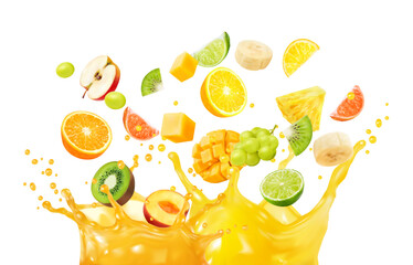 Multifruit juice or fruit mix splash in corona wave of tropical drink, realistic vector. Orange, mango, apple and kiwi with pineapple and lime or grape and banana in juicy fruit yellow splash drops