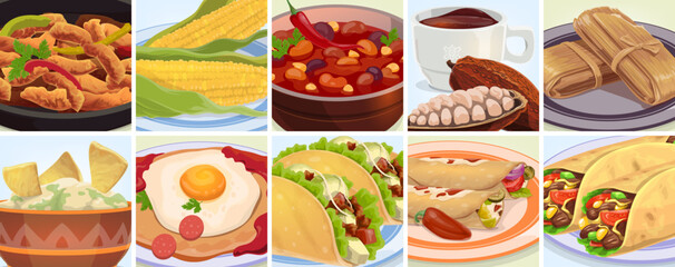 Tex mex mexican cuisine food and drink collage. Meal of Mexico, vector taco, burrito, chili beans and corn, fajitas, huevos rancheros, enchiladas, nacho and guacamole, hot chocolate and tamale dessert