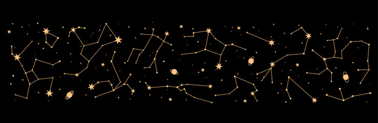 Star constellation. Night sky map, mystic astrology border. Milky Way galaxy celestial panorama wallpaper, space star constellation border or astronomy planetarium night sky map vector pattern - obrazy, fototapety, plakaty