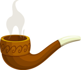 Cartoon steaming smoking pipe. Isolated vector ancient wooden device used for inhaling tobacco or other substances, consists of a bowl for the substance, a stem, and a mouthpiece for smoking - obrazy, fototapety, plakaty
