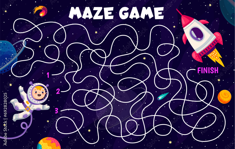 Poster Labyrinth maze game. Help to find a rocket spaceship. Path find kids quiz, way find maze vector worksheet with kid astronaut character, rocket spaceship and comet, space planets in starry galaxy