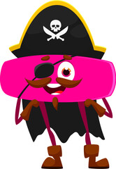 Cartoon funny minus math sign pirate or corsair character in captain tricorn hat, vector emoji emoticon. Math subtraction minus sign character as Caribbean pirate filibuster sailor with eyepatch