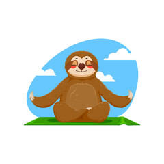 Cartoon funny sloth character meditate in yoga asana. Isolated vector cute comical animal personage blissfully serene in lotus pose. With a tranquil smile, it embodies the art of slow, zen meditation