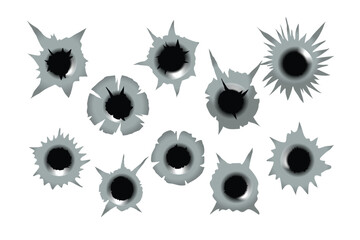 Bullet Holes Set Collection, Isolated on white background, different damaged from ragged hole in metal from bullets, metallic surface blow bullet projectile explosion hole. vector illustration