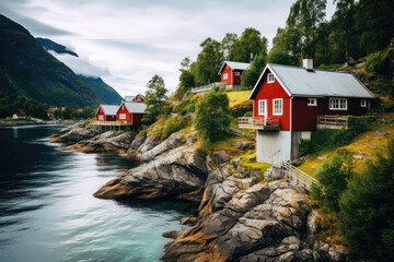 Fototapeta na wymiar Red traditional Norwegian houses in Norwegian nature