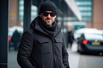 young bearded handsome man in a hat and raincoat outdoors. Close-up.