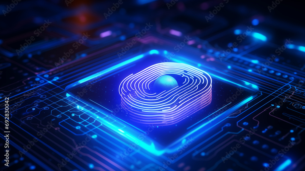 Poster concept protect personal data. security system with fingerprint on cyber technology neon background
