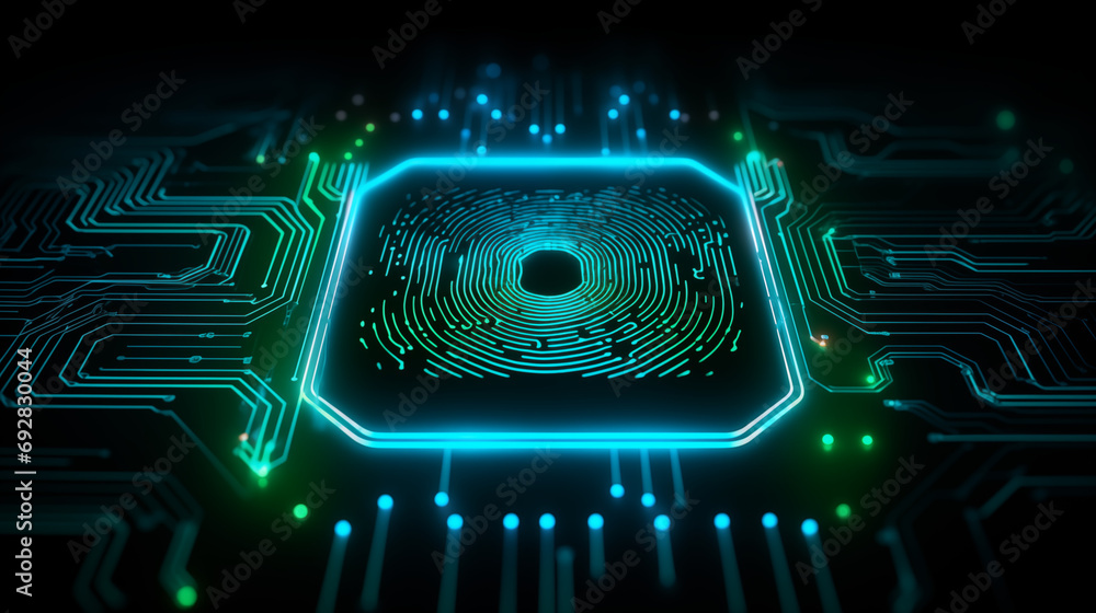 Poster concept protect personal data. security system with fingerprint on cyber technology neon background