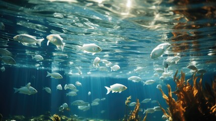 Fototapeta na wymiar A group of fish swimming under the water. Generative AI.