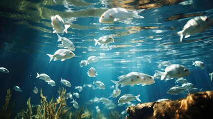 Fototapeta na wymiar A group of fish swimming under the water. Generative AI.