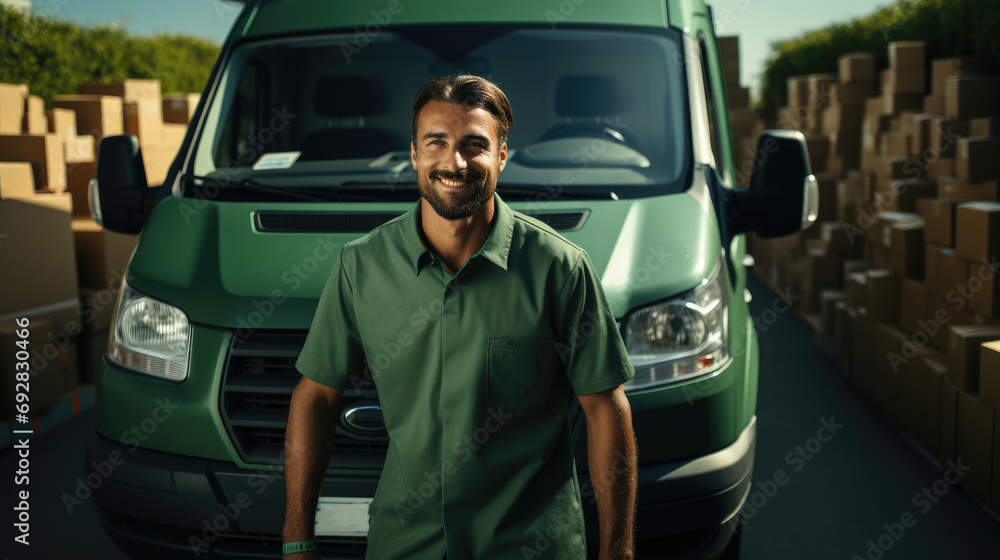 Poster a postman in a green uniform carries letters with a green modern van. generative ai.