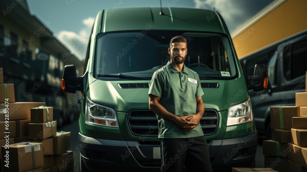 Poster a postman in a green uniform carries letters with a green modern van. generative ai.