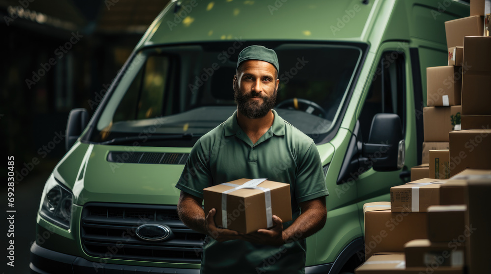 Poster a postman in a green uniform carries letters with a green modern van. generative ai.