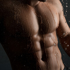 Young muscular man in shower in the dark