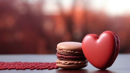 One red heart shaped macaron on red background. Generative AI.