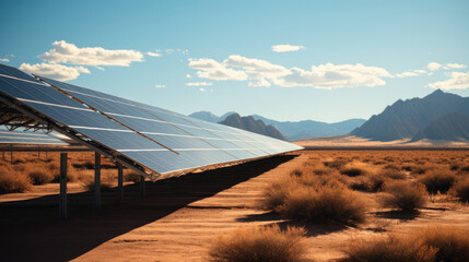 Desert ground mount solar arrays oriented. Generative AI.