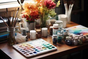 Naklejka na ściany i meble Watercolor art supplies displayed on a table. Generative AI.